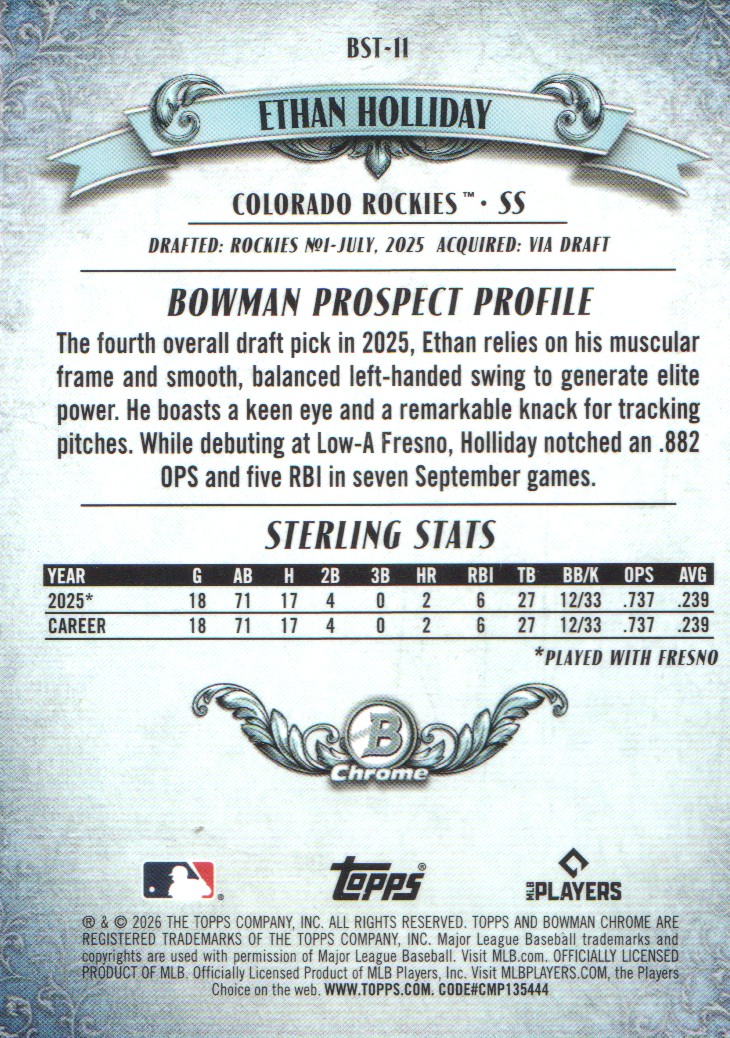 2026 Bowman Chrome Bowman Sterling #BST11 Ethan Holliday
