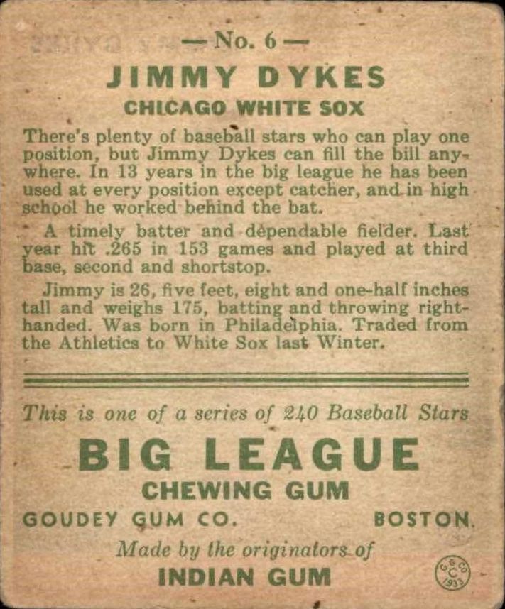 1933 Goudey #6 Jimmy Dykes RC back image