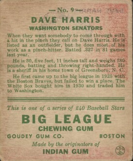 1933 Goudey #9 Dave Harris RC back image