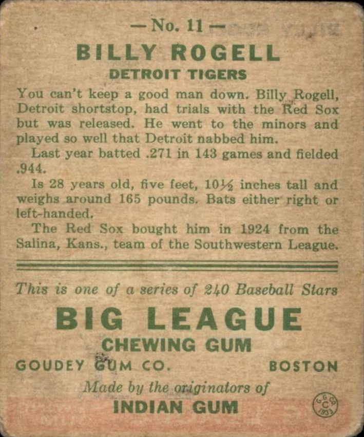 1933 Goudey #11 Billy Rogell RC back image