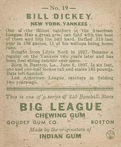 1933 Goudey #19 Bill Dickey RC back image