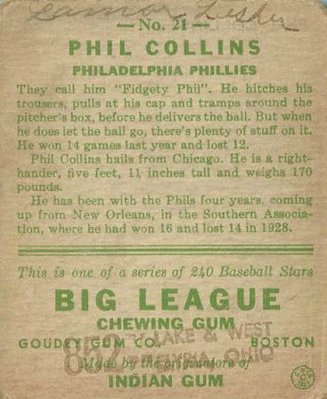 1933 Goudey #21 Phil Collins RC back image