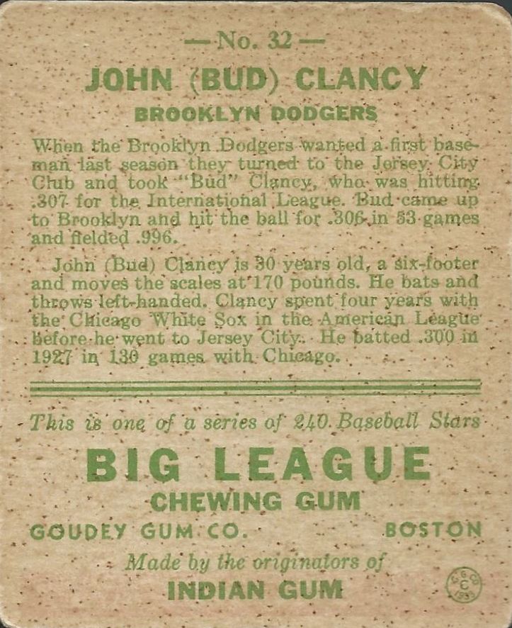 1933 Goudey #32 Bud Clancy RC back image