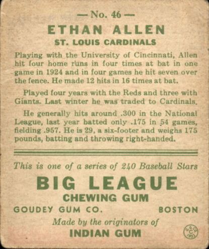 1933 Goudey #46 Ethan Allen RC back image
