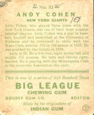 1933 Goudey #52 Andy Cohen RC back image