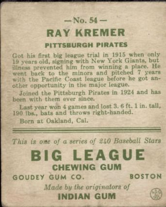 1933 Goudey #54 Ray Kremer RC back image