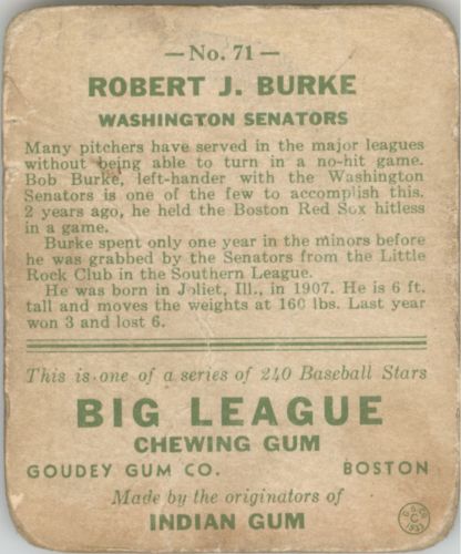 1933 Goudey #71 Robert J. Burke RC back image