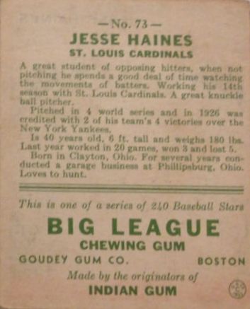 1933 Goudey #73 Jesse Haines RC back image