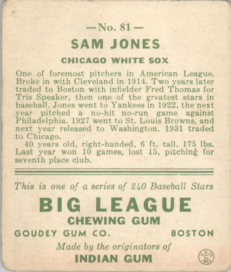 1933 Goudey #81 Sam Jones RC back image