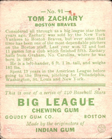 1933 Goudey #91 Tom Zachary RC back image