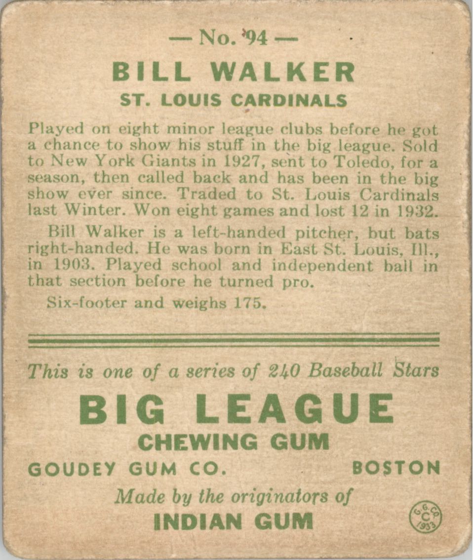 1933 Goudey #94 Bill Walker RC back image