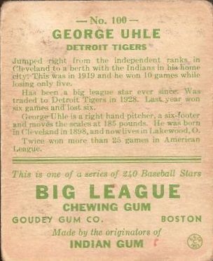 1933 Goudey #100 George Uhle RC back image