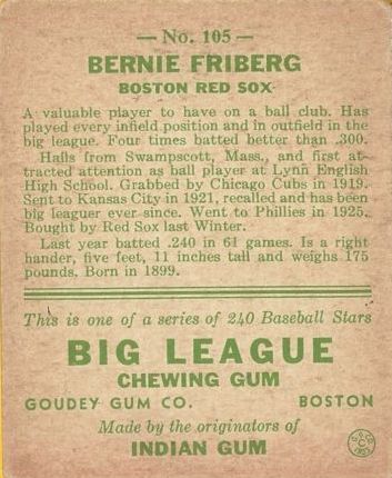 1933 Goudey #105 Bernie Friberg RC back image