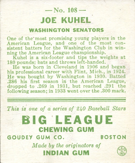 1933 Goudey #108 Joe Kuhel RC back image