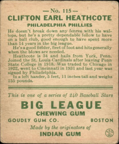 1933 Goudey #115 Cliff Heathcote RC back image