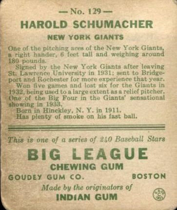 1933 Goudey #129 Hal Schumacher PIT RC back image