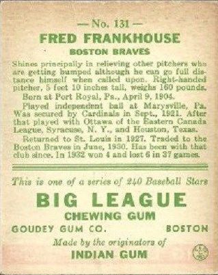1933 Goudey #131 Fred Frankhouse RC back image
