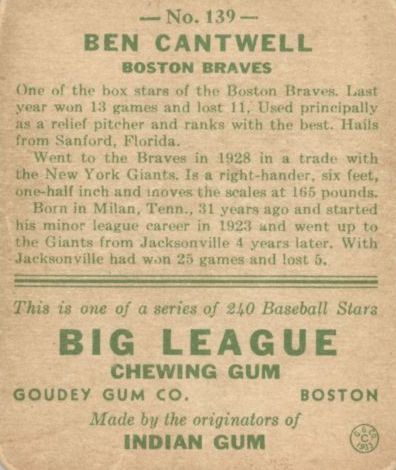 1933 Goudey #139 Ben Cantwell RC back image
