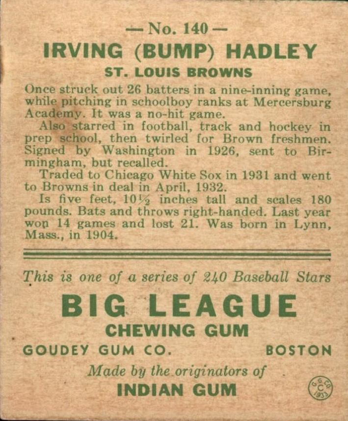 1933 Goudey #140 Bump Hadley RC back image