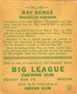 1933 Goudey #141 Ray Benge RC back image