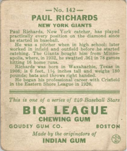 1933 Goudey #142 Paul Richards RC back image