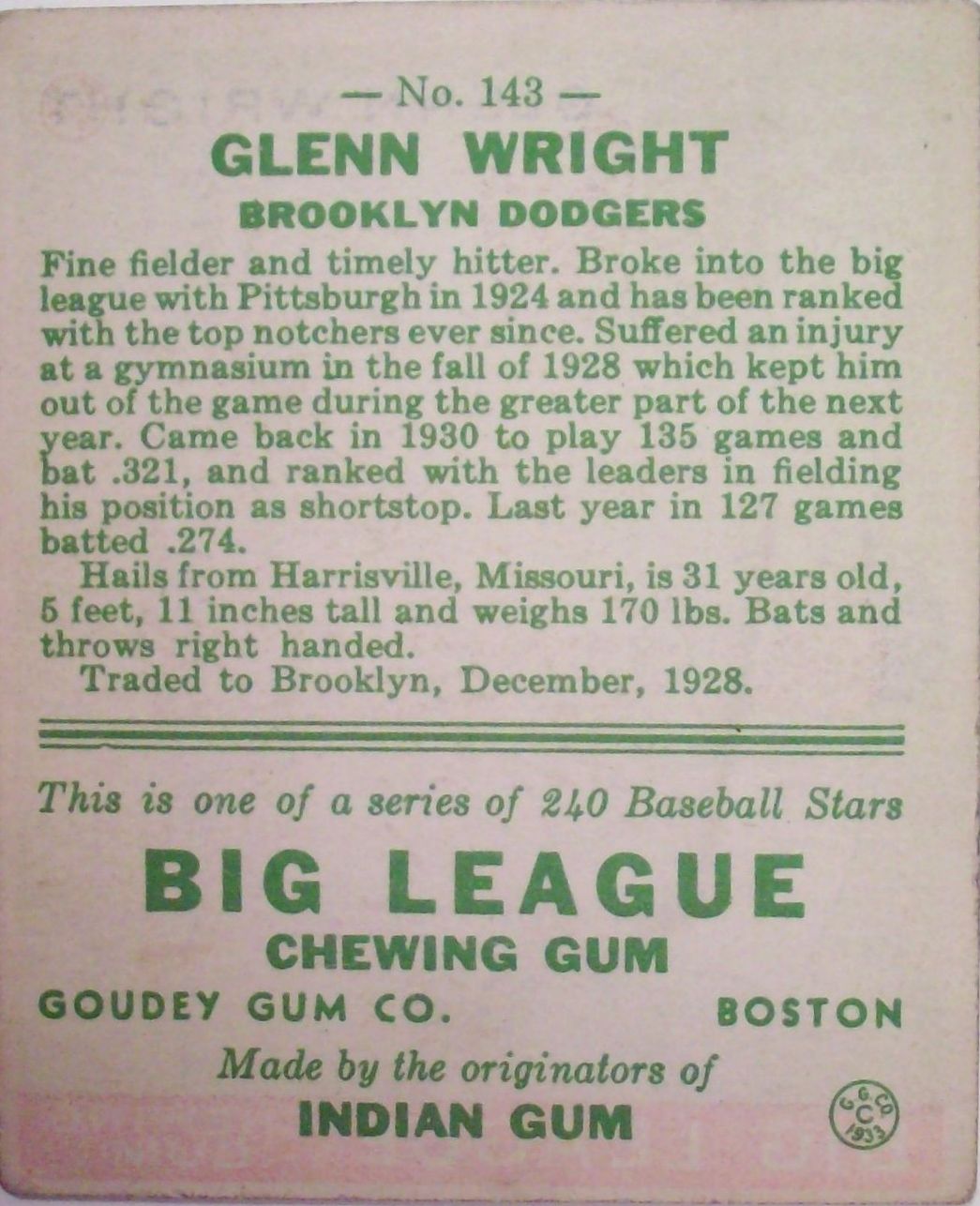 1933 Goudey #143 Glenn Wright RC back image