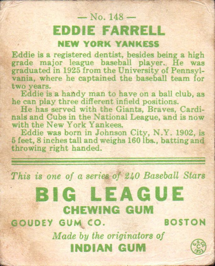 1933 Goudey #148 Eddie Farrell RC back image