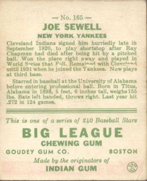 1933 Goudey #165 Joe Sewell RC back image