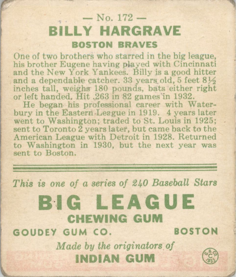 1933 Goudey #172 Billy Hargrave RC back image