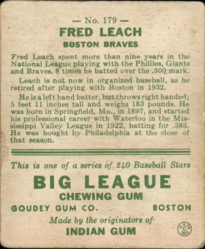 1933 Goudey #179 Fred Leach RC back image