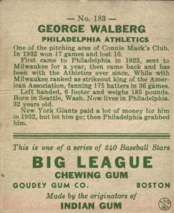 1933 Goudey #183 Rube Walberg RC back image