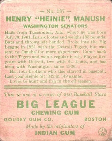 1933 Goudey #187 Heinie Manush RC back image