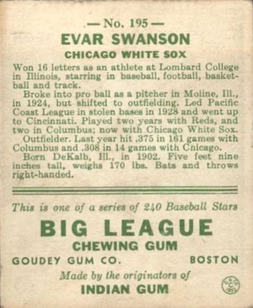 1933 Goudey #195 Evar Swanson RC back image