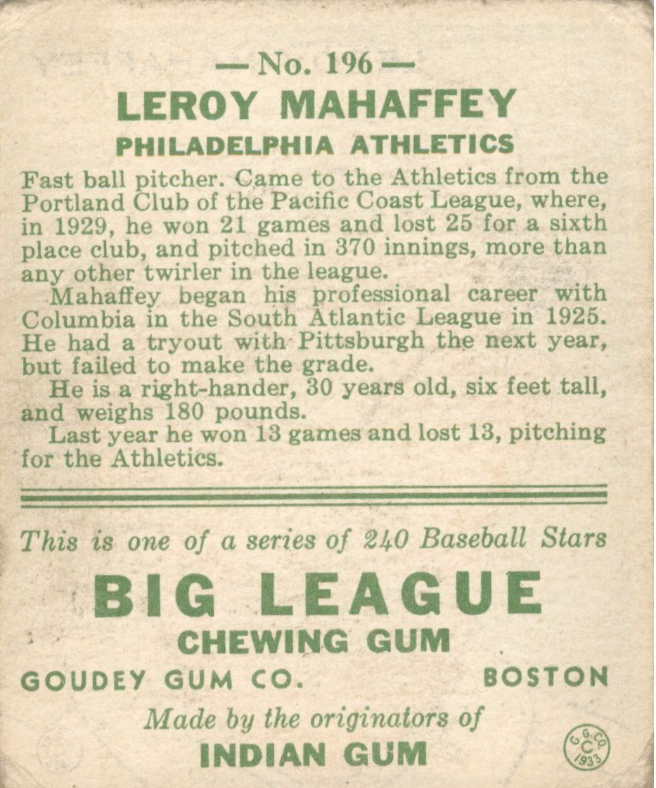 1933 Goudey #196 Leroy Mahaffey RC back image