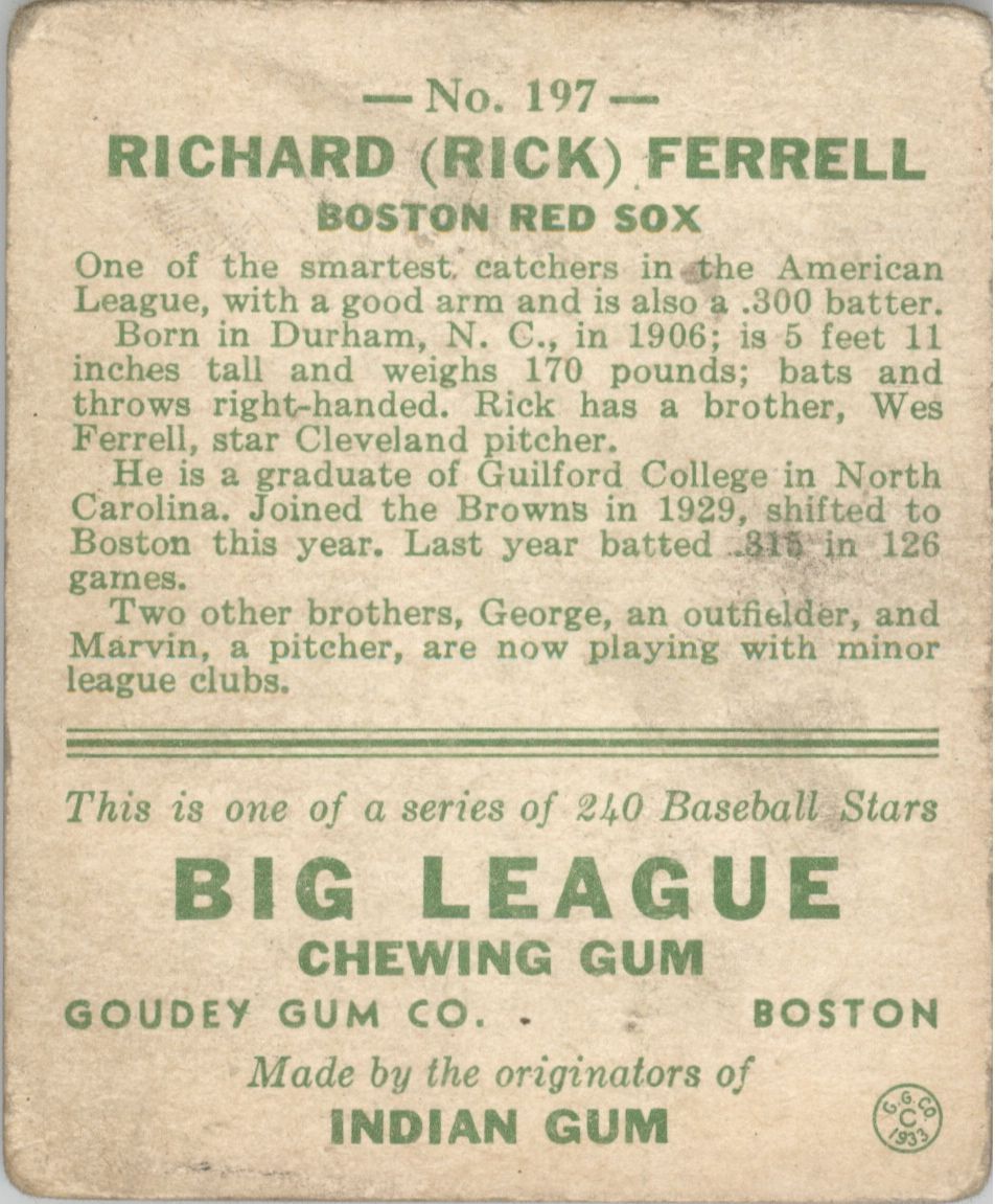 1933 Goudey #197 Rick Ferrell RC back image
