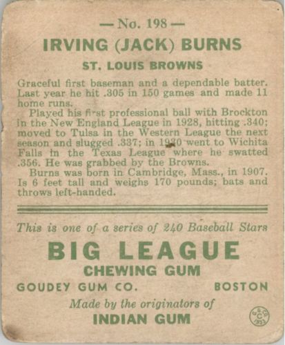 1933 Goudey #198 Jack Burns RC back image