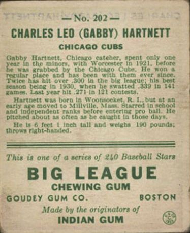 1933 Goudey #202 Gabby Hartnett RC back image