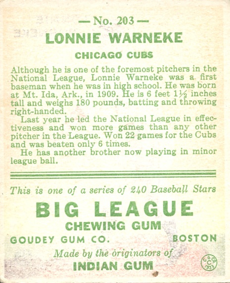 1933 Goudey #203 Lon Warneke RC back image