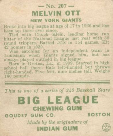 1933 Goudey #207 Mel Ott Bat RC back image