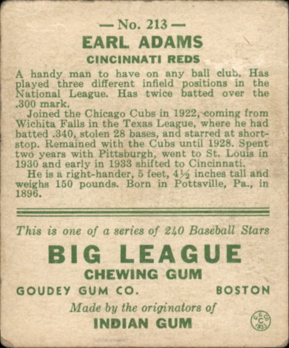 1933 Goudey #213 Earl Adams RC back image