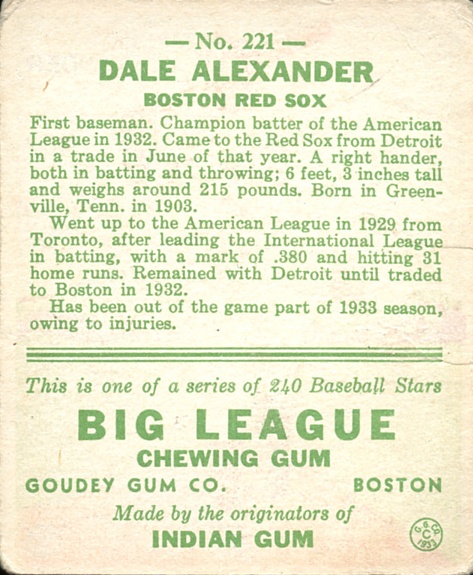 1933 Goudey #221 Dale Alexander RC back image