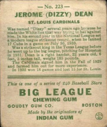 1933 Goudey #223 Dizzy Dean RC back image
