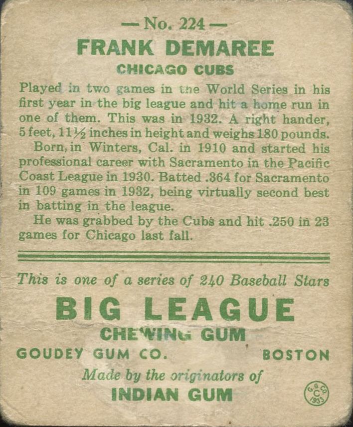 1933 Goudey #224 Frank Demaree RC back image