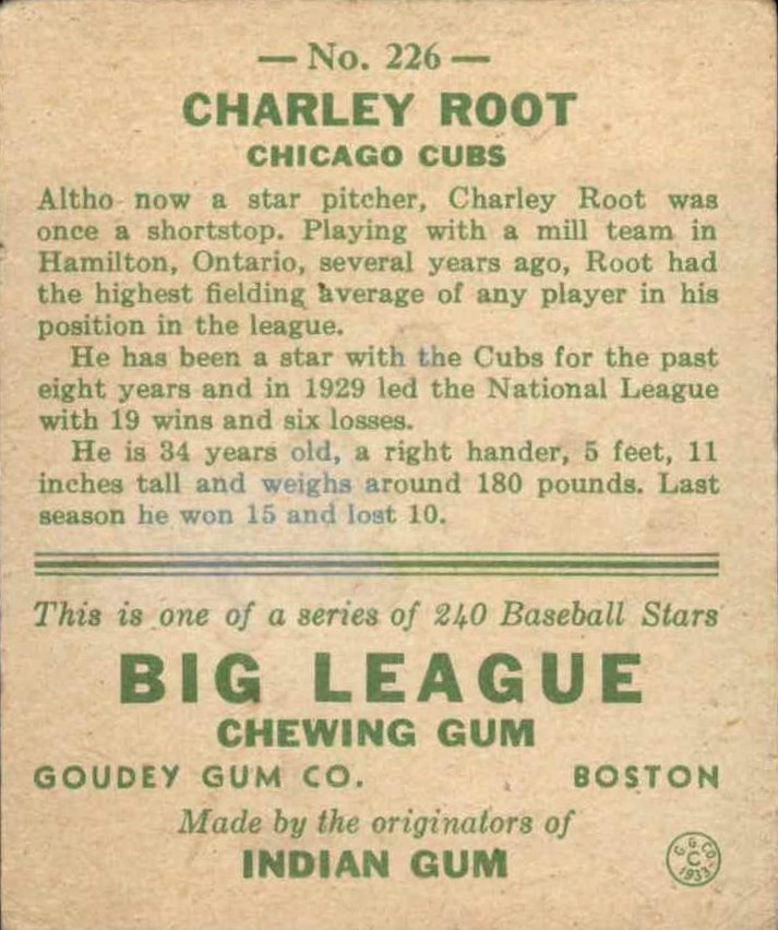 1933 Goudey #226 Charley Root RC back image