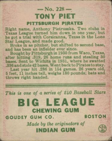 1933 Goudey #228 Tony Piet RC back image