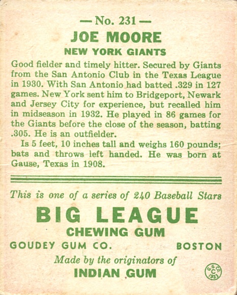 1933 Goudey #231 Joe Moore FIELD RC back image