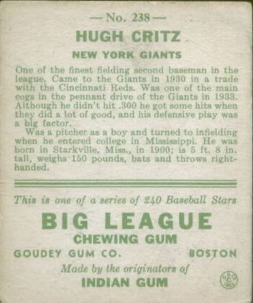 1933 Goudey #238 Hugh Critz FIELD RC back image