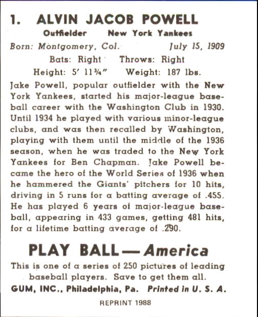 1939 Play Ball #1 Jake Powell RC back image