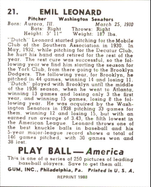 1939 Play Ball #21 Dutch Leonard RC back image