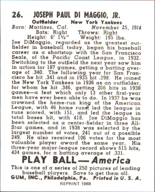 1939 Play Ball #26 Joe DiMaggio RC back image